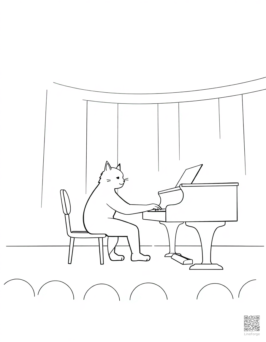 cat playing piano in a concert hall coloring page Minimal style - free printable