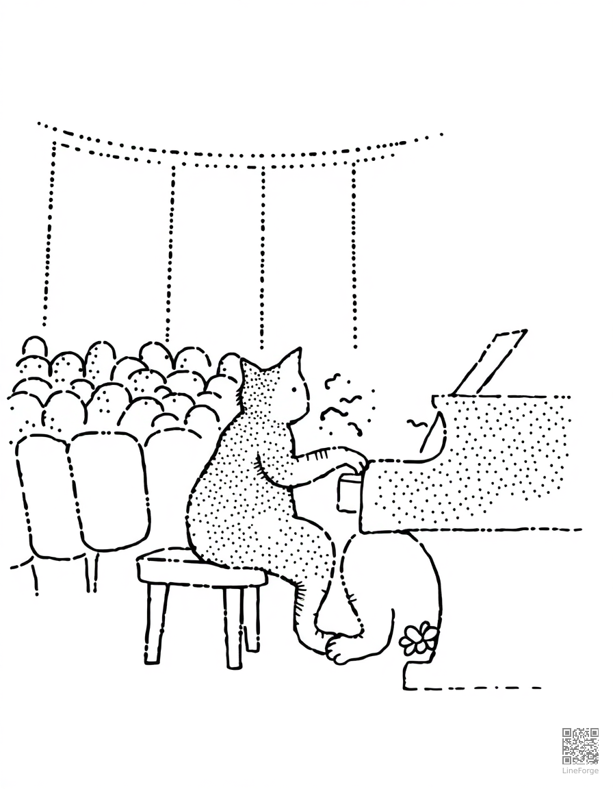 cat playing piano in a concert hall coloring page Stipple style - free printable