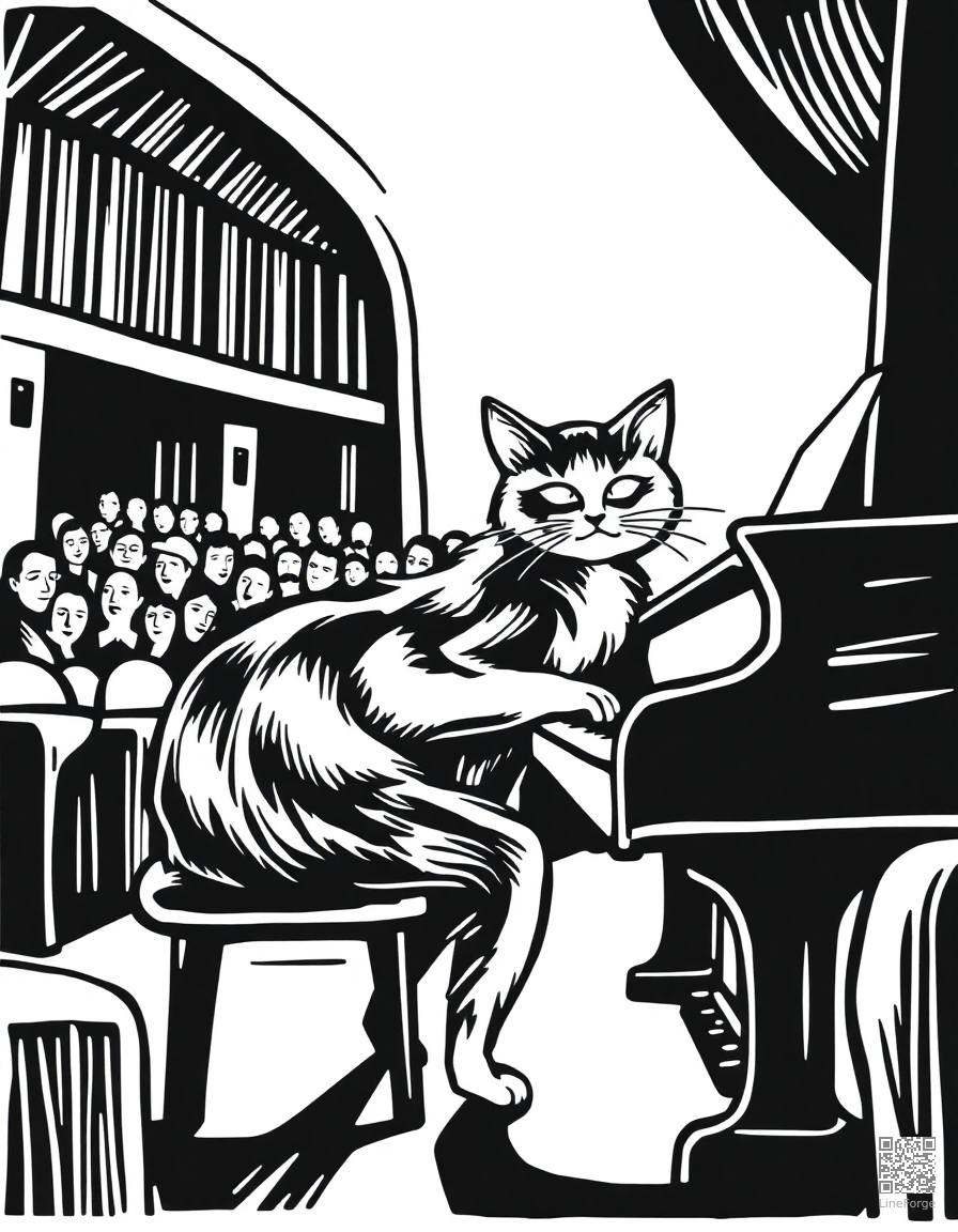 cat playing piano in a concert hall coloring page Woodcut style - free printable