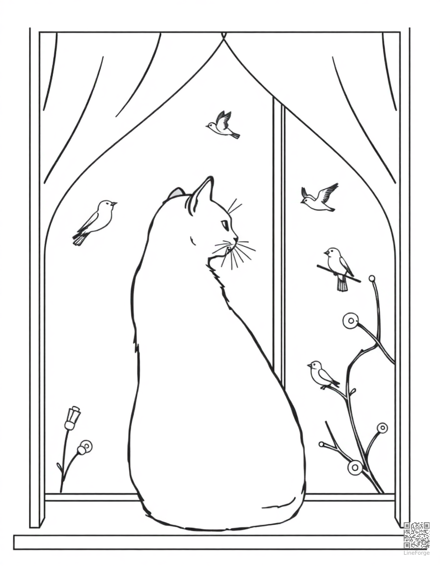cat sitting in a window watching birds coloring page Contour style - free printable
