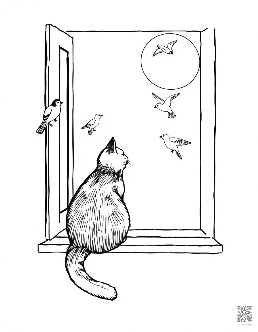cat sitting in a window watching birds coloring page Crosshatch style - free printable