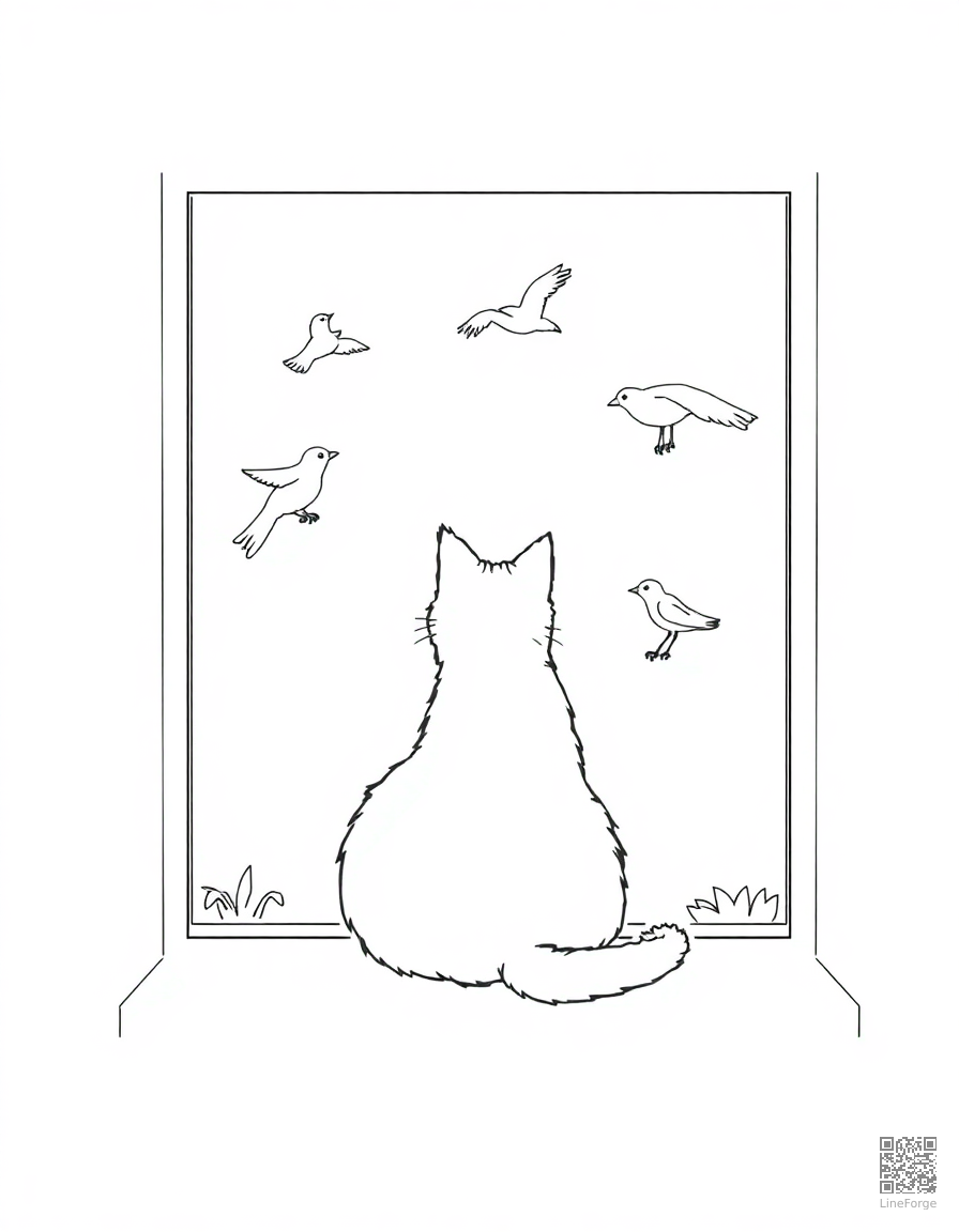 cat sitting in a window watching birds coloring page Manga style - free printable