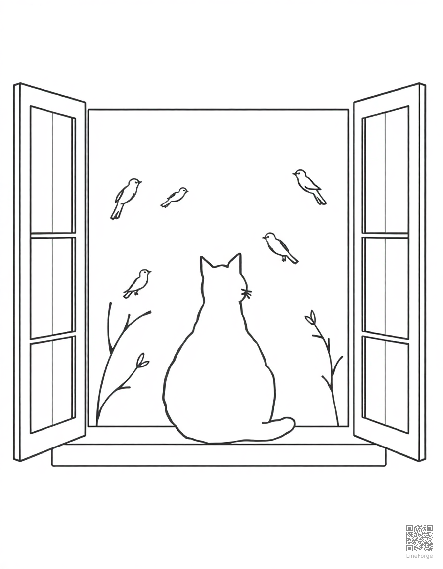 cat sitting in a window watching birds coloring page Minimal style - free printable