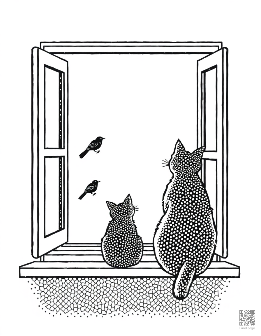 cat sitting in a window watching birds coloring page Stipple style - free printable