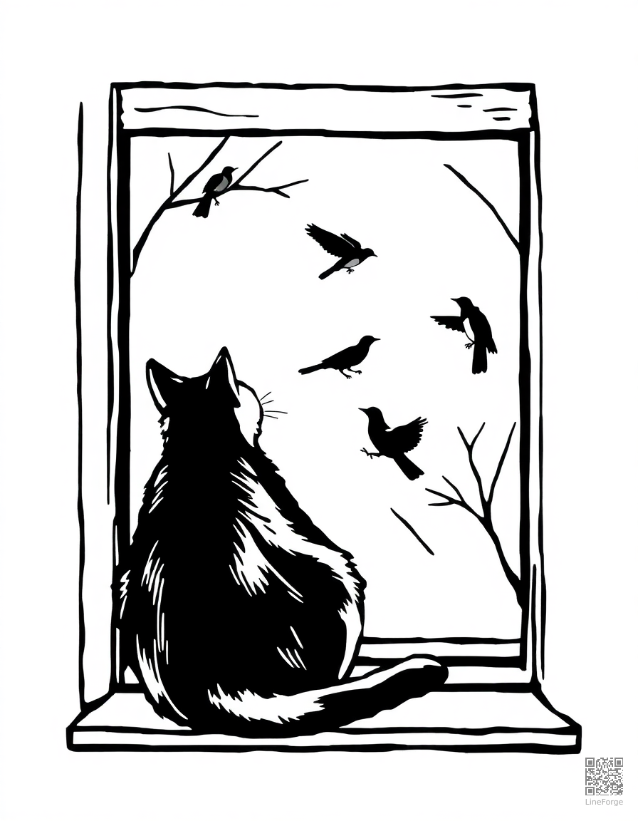 cat sitting in a window watching birds coloring page Woodcut style - free printable