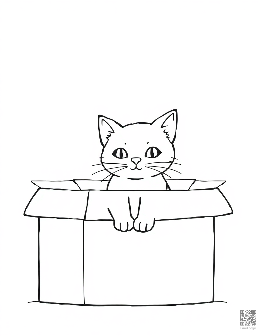 cat sitting inside a cardboard box fort coloring page Contour style - free printable