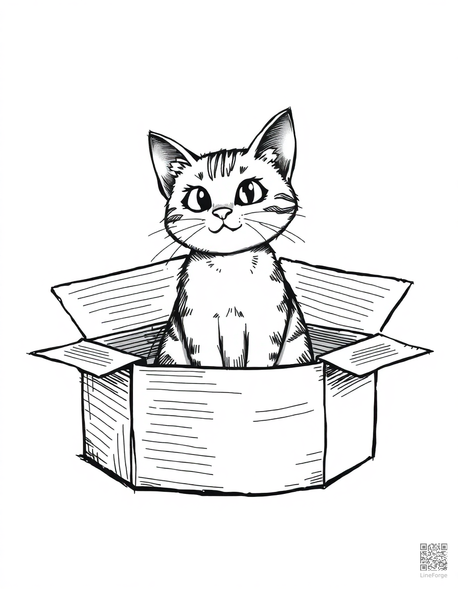 cat sitting inside a cardboard box fort coloring page Crosshatch style - free printable