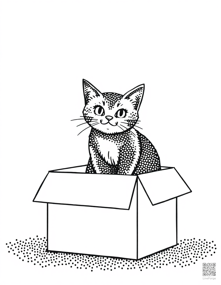 cat sitting inside a cardboard box fort coloring page Stipple style - free printable