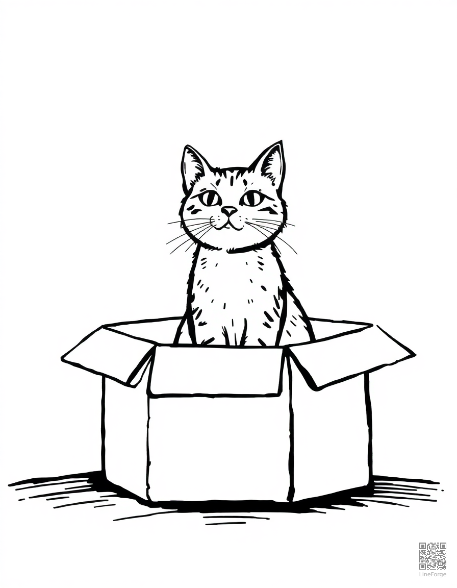 cat sitting inside a cardboard box fort coloring page Woodcut style - free printable