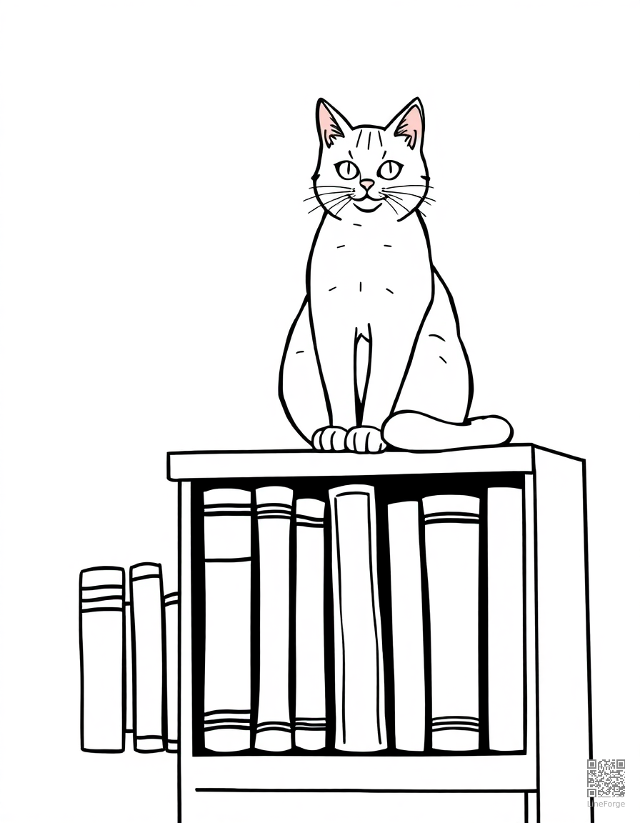 cat sitting on top of a tall bookshelf coloring page Contour style - free printable