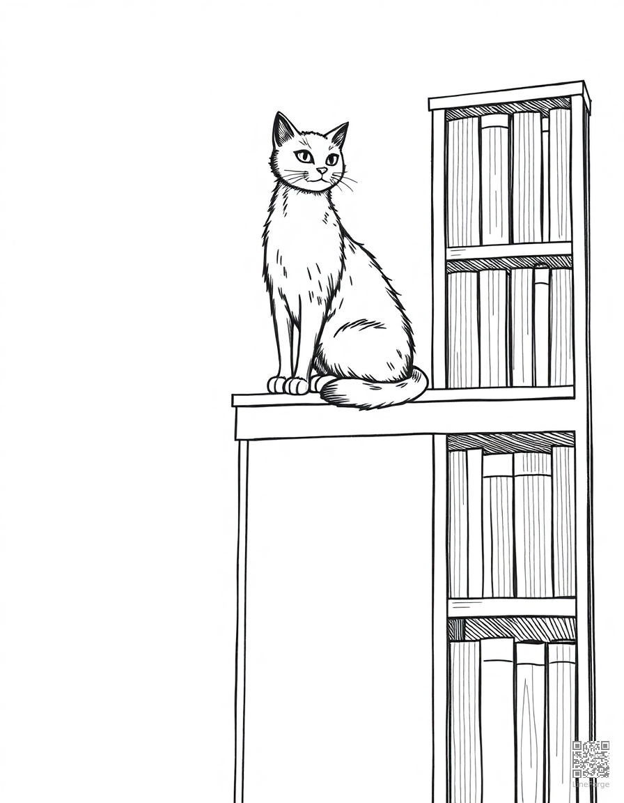 cat sitting on top of a tall bookshelf coloring page Crosshatch style - free printable