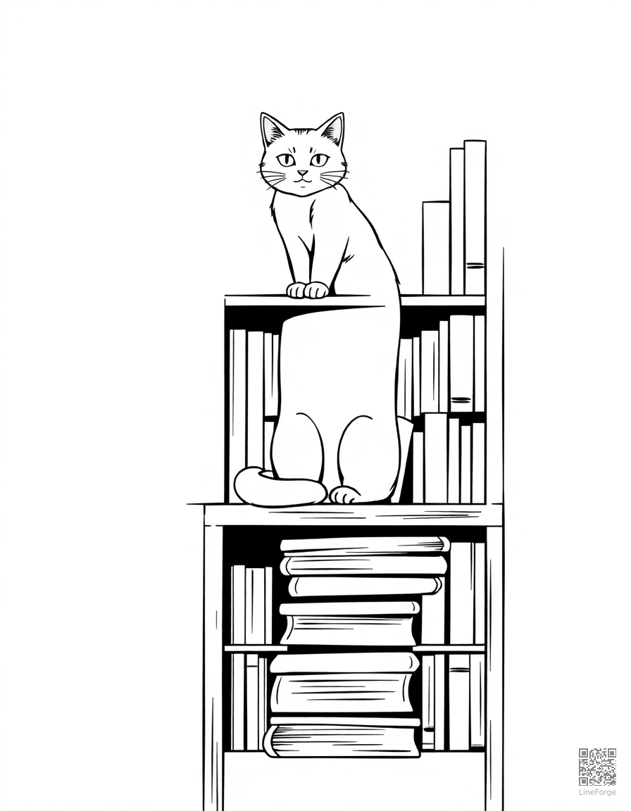 cat sitting on top of a tall bookshelf coloring page Manga style - free printable