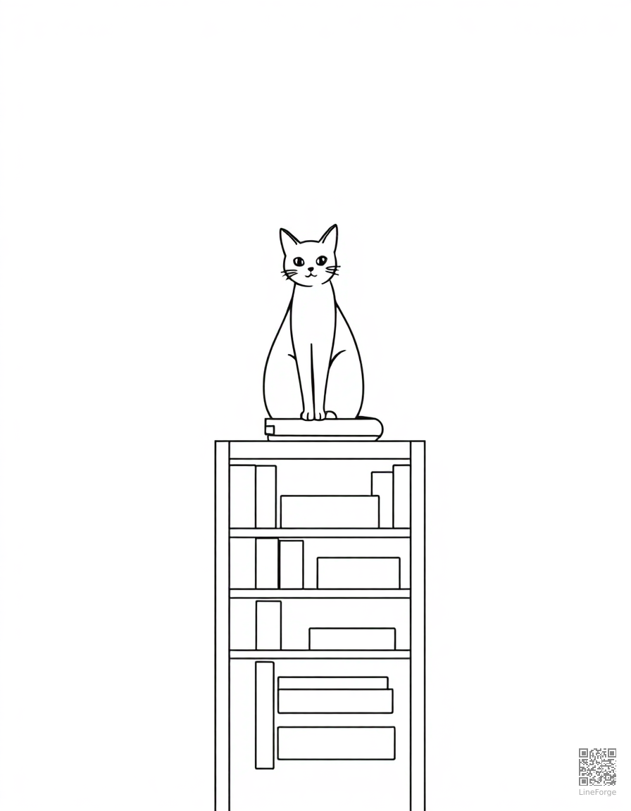 cat sitting on top of a tall bookshelf coloring page Minimal style - free printable