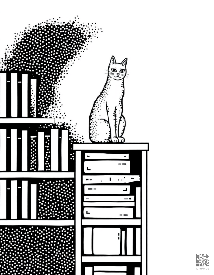 cat sitting on top of a tall bookshelf coloring page Stipple style - free printable