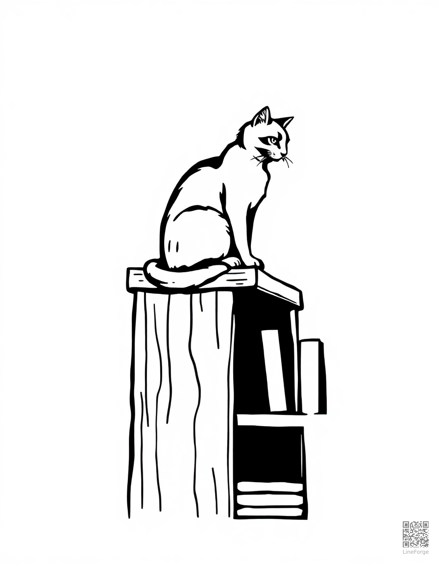 Free cat sitting on top of a tall bookshelf coloring page in woodcut style — printable line art
