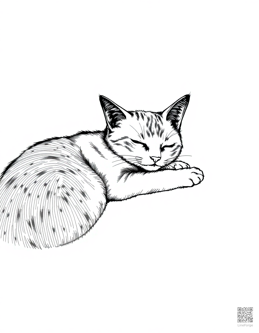 Cat sleeping in a sunbeam coloring page Crosshatch style - free printable