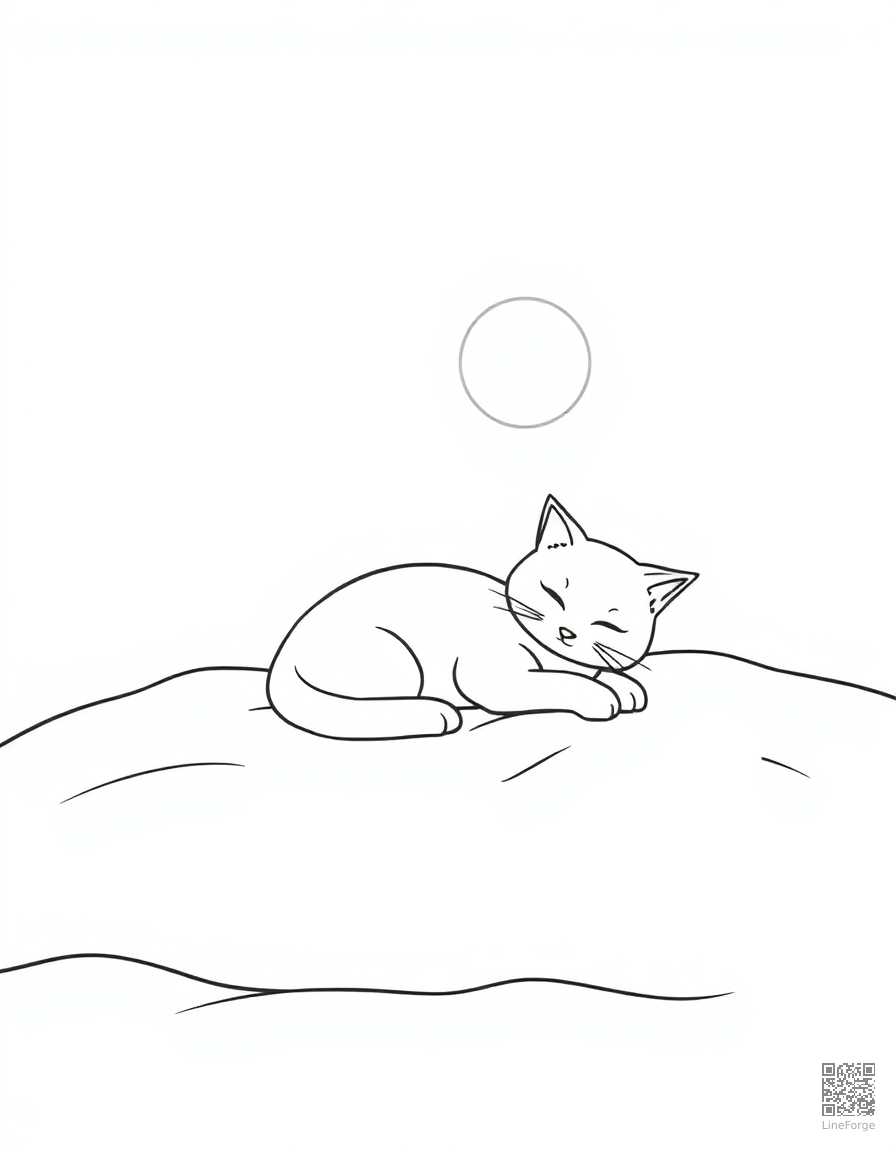 cat sleeping in a sunbeam on a cozy bed coloring page Contour style - free printable