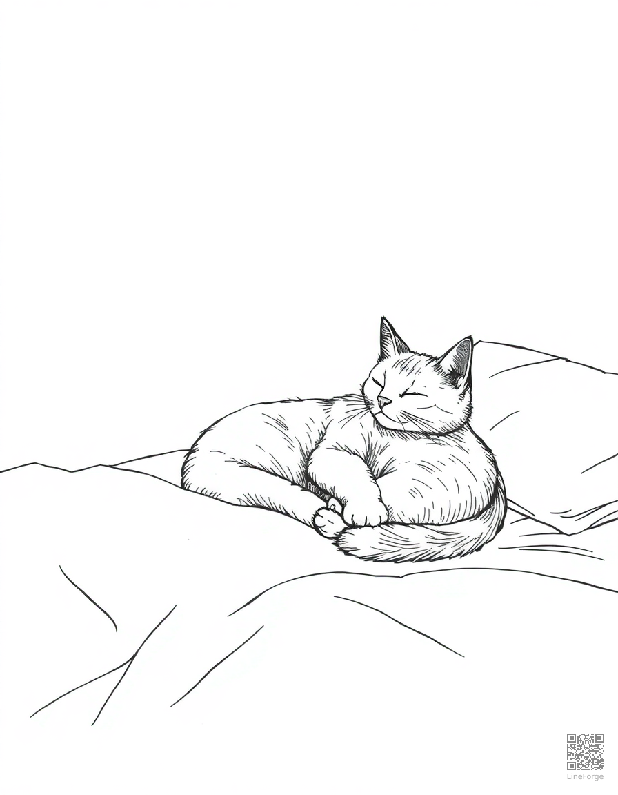 Free cat sleeping in a sunbeam on a cozy bed coloring page in crosshatch style — printable line art
