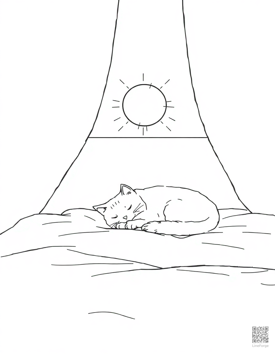 Free cat sleeping in a sunbeam on a cozy bed coloring page in manga style — printable line art