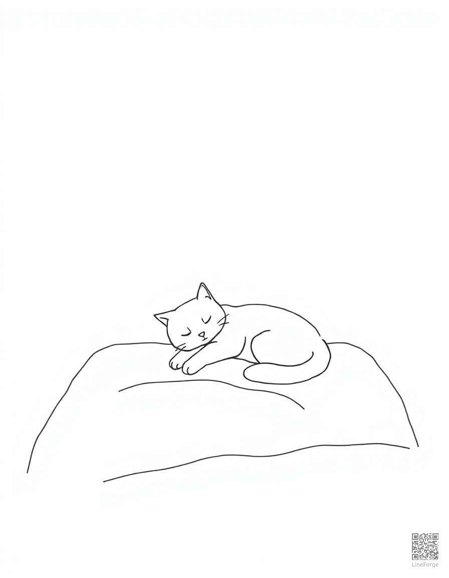 Free cat sleeping in a sunbeam on a cozy bed coloring page in minimal style — printable line art