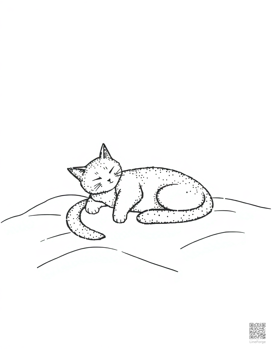 Free cat sleeping in a sunbeam on a cozy bed coloring page in stipple style — printable line art