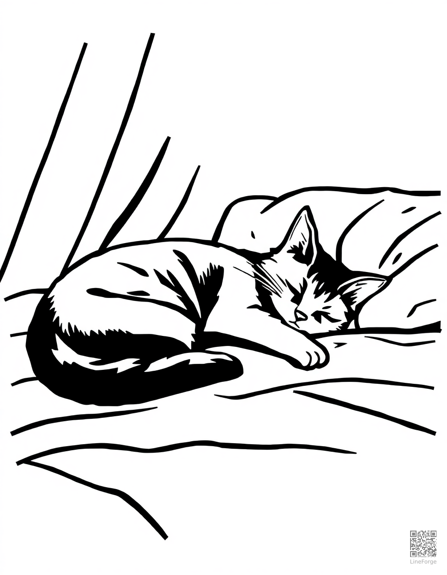 Free cat sleeping in a sunbeam on a cozy bed coloring page in woodcut style — printable line art
