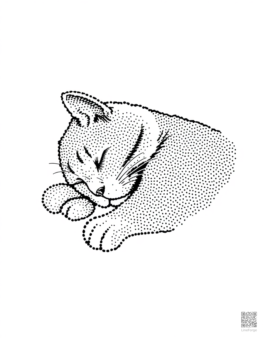 Cat sleeping in a sunbeam coloring page Stipple style - free printable