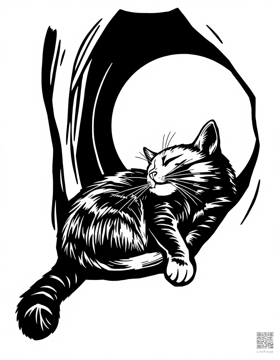 Cat sleeping in a sunbeam coloring page Woodcut style - free printable