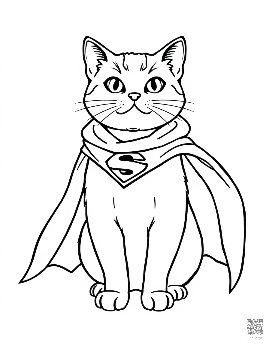 cat wearing a superhero cape coloring page Contour style - free printable