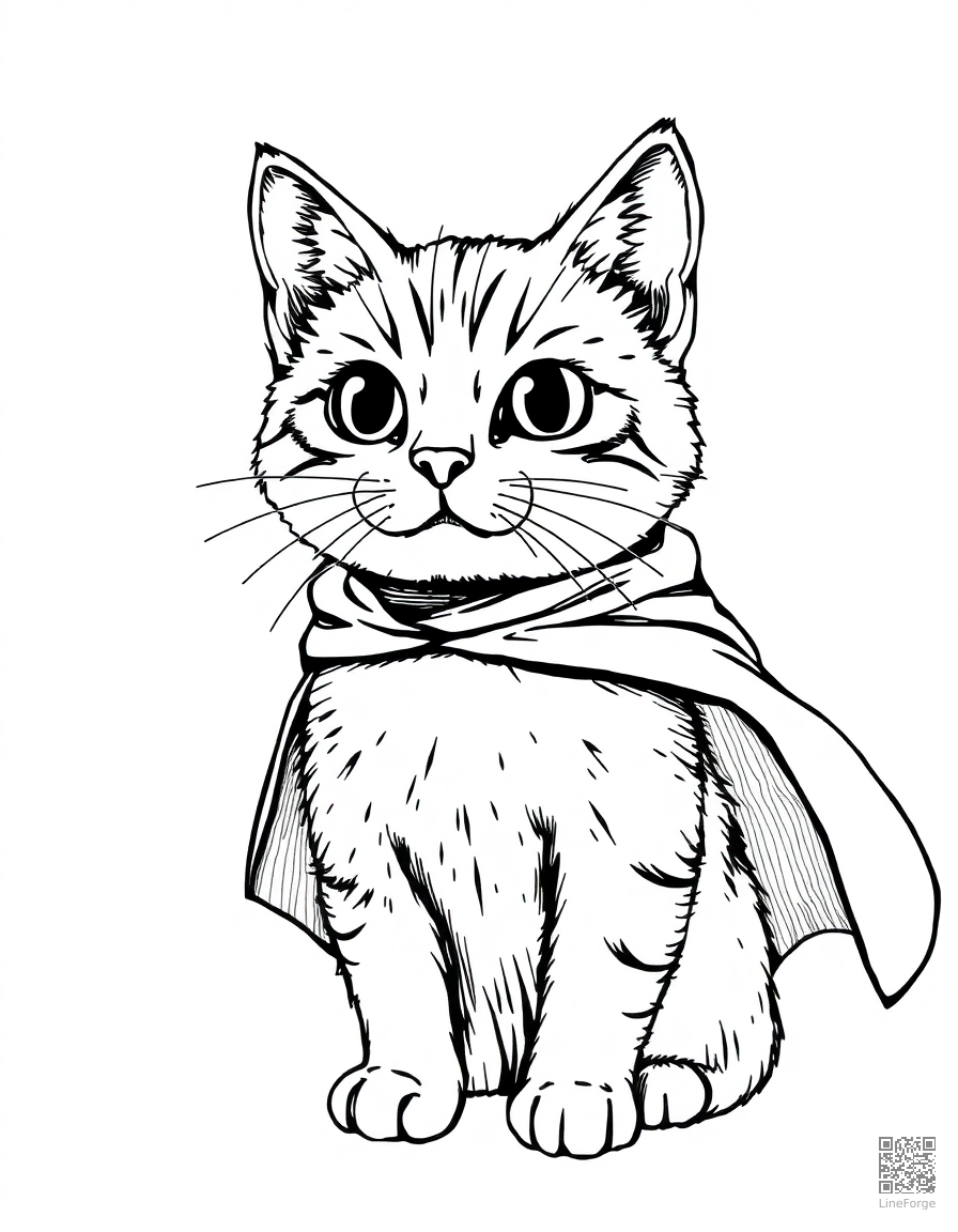 cat wearing a superhero cape coloring page Crosshatch style - free printable