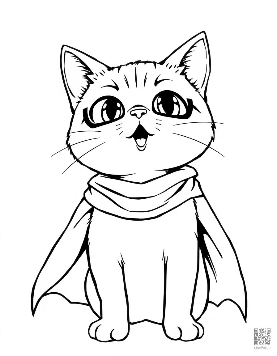 cat wearing a superhero cape coloring page Manga style - free printable