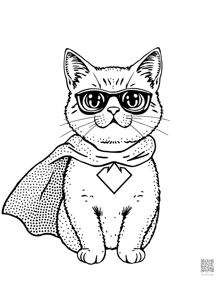 cat wearing a superhero cape coloring page Stipple style - free printable
