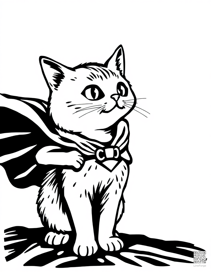 cat wearing a superhero cape coloring page Woodcut style - free printable
