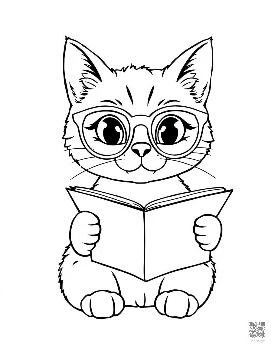 cat wearing tiny glasses reading a newspaper coloring page Contour style - free printable