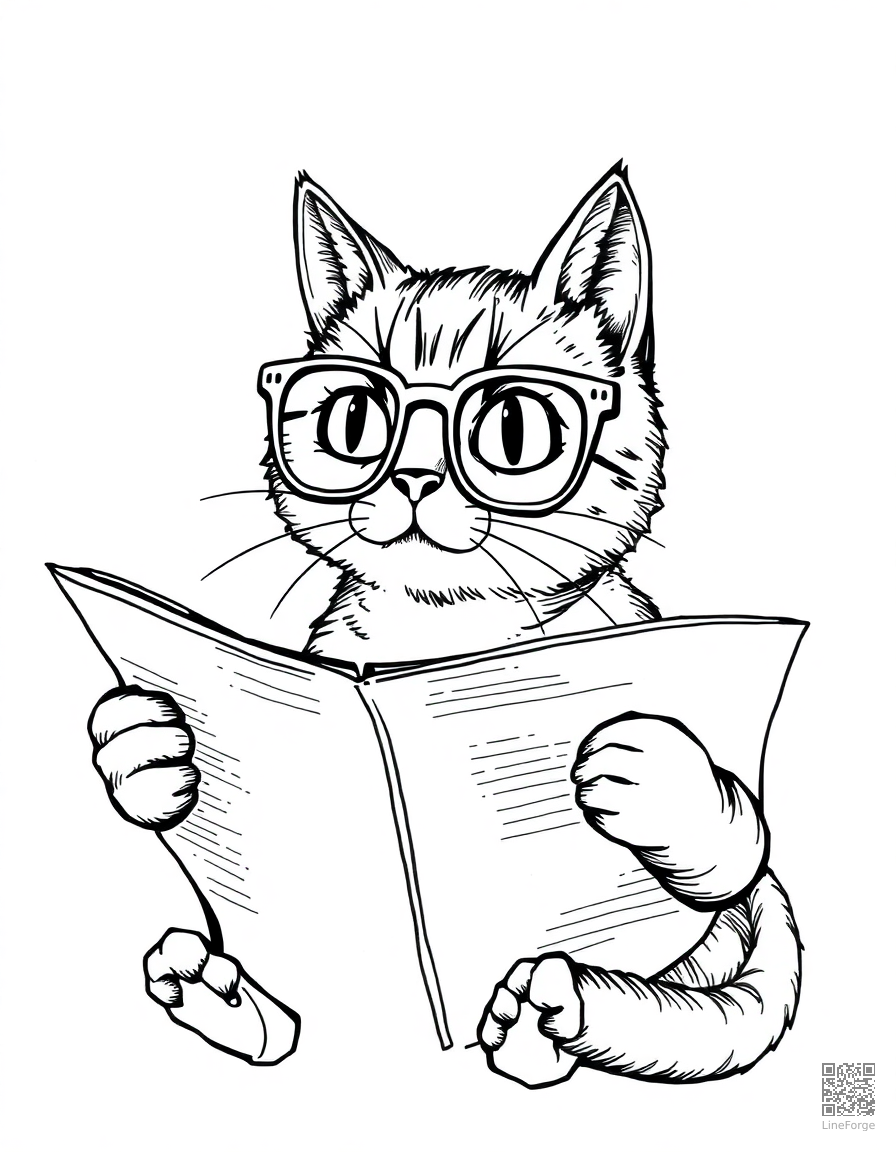cat wearing tiny glasses reading a newspaper coloring page Crosshatch style - free printable