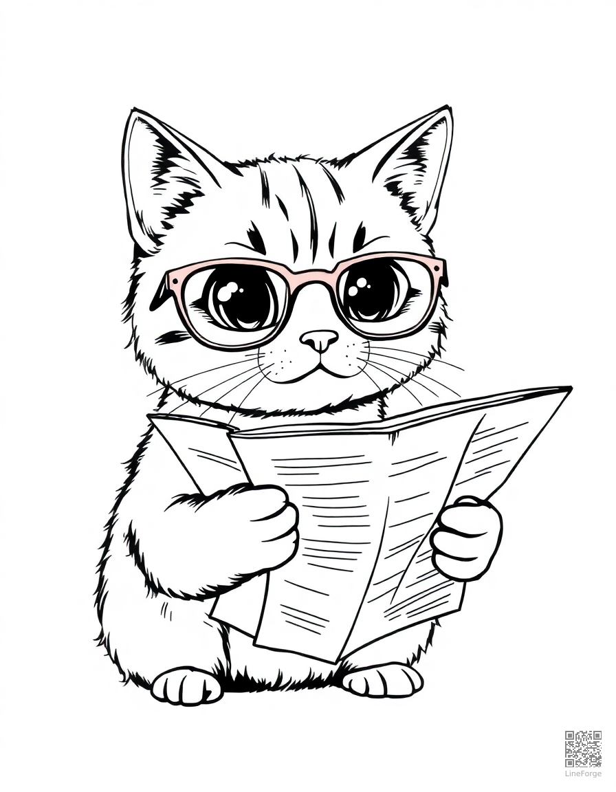 cat wearing tiny glasses reading a newspaper coloring page Manga style - free printable