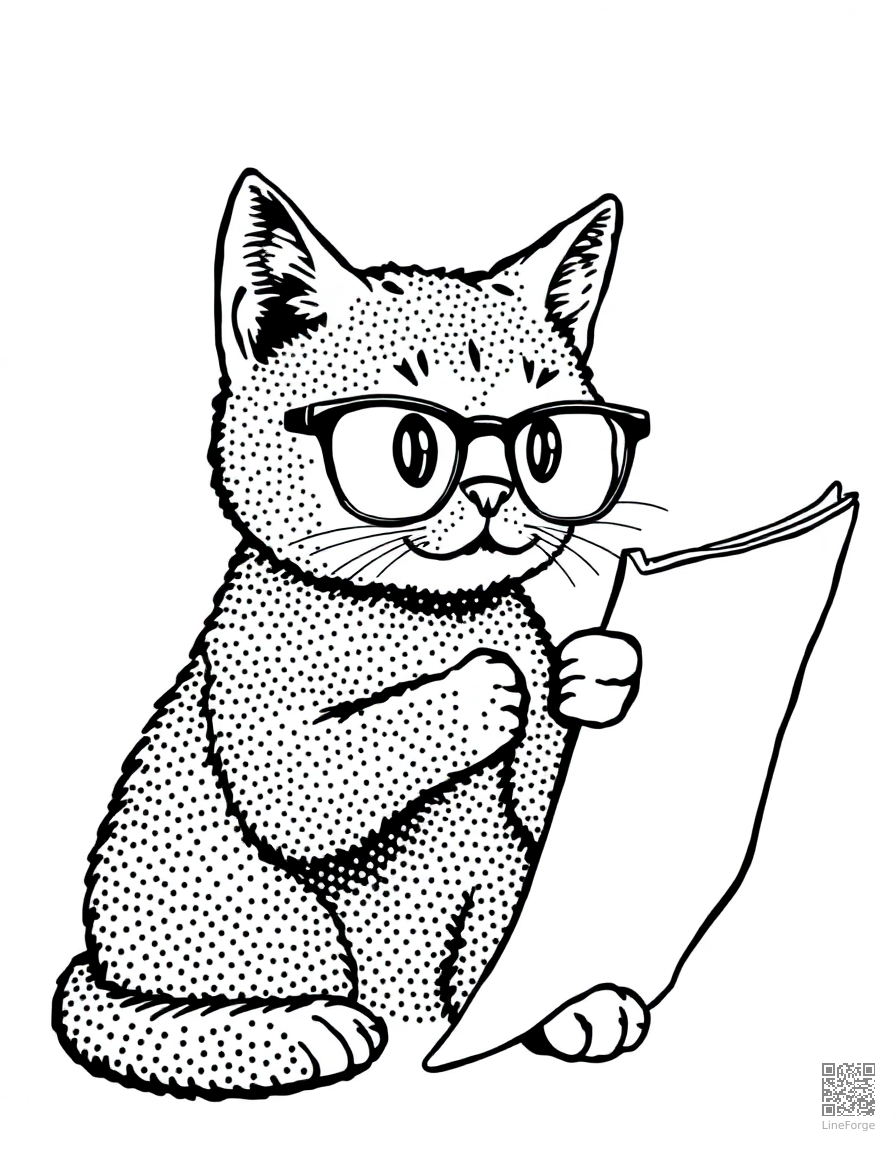 cat wearing tiny glasses reading a newspaper coloring page Stipple style - free printable