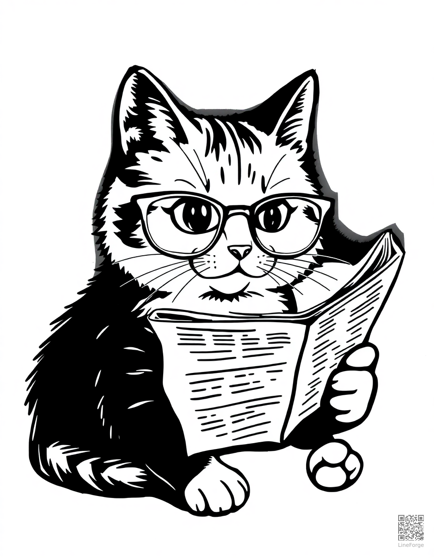 cat wearing tiny glasses reading a newspaper coloring page Woodcut style - free printable