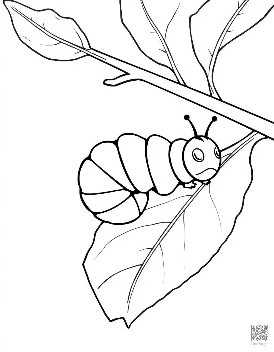 caterpillar on a leaf becoming a chrysalis coloring page Contour style - free printable