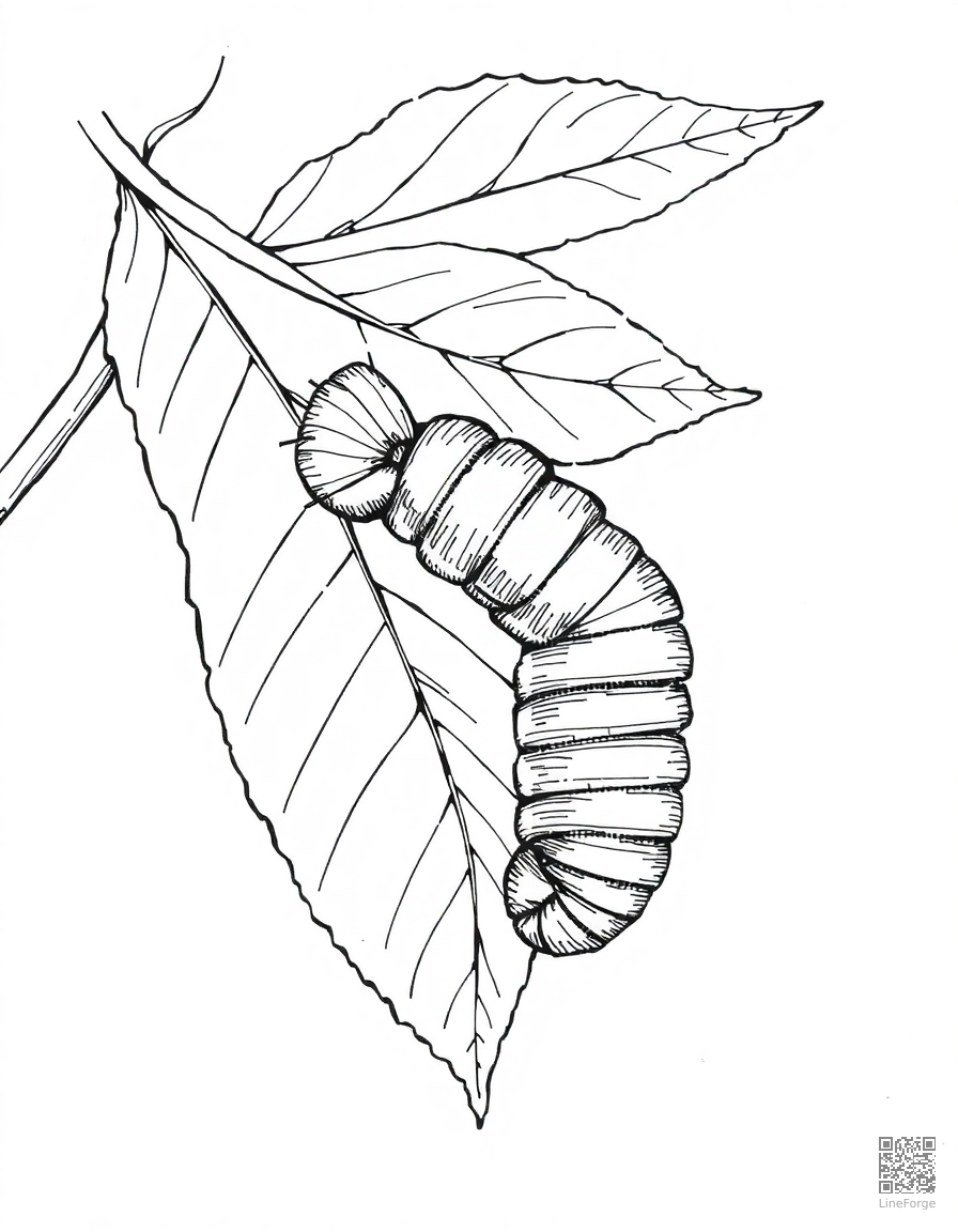 caterpillar on a leaf becoming a chrysalis coloring page Crosshatch style - free printable