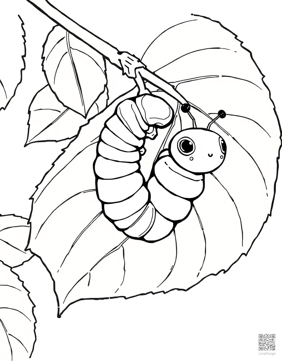 caterpillar on a leaf becoming a chrysalis coloring page Manga style - free printable