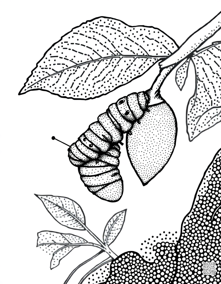 caterpillar on a leaf becoming a chrysalis coloring page Stipple style - free printable