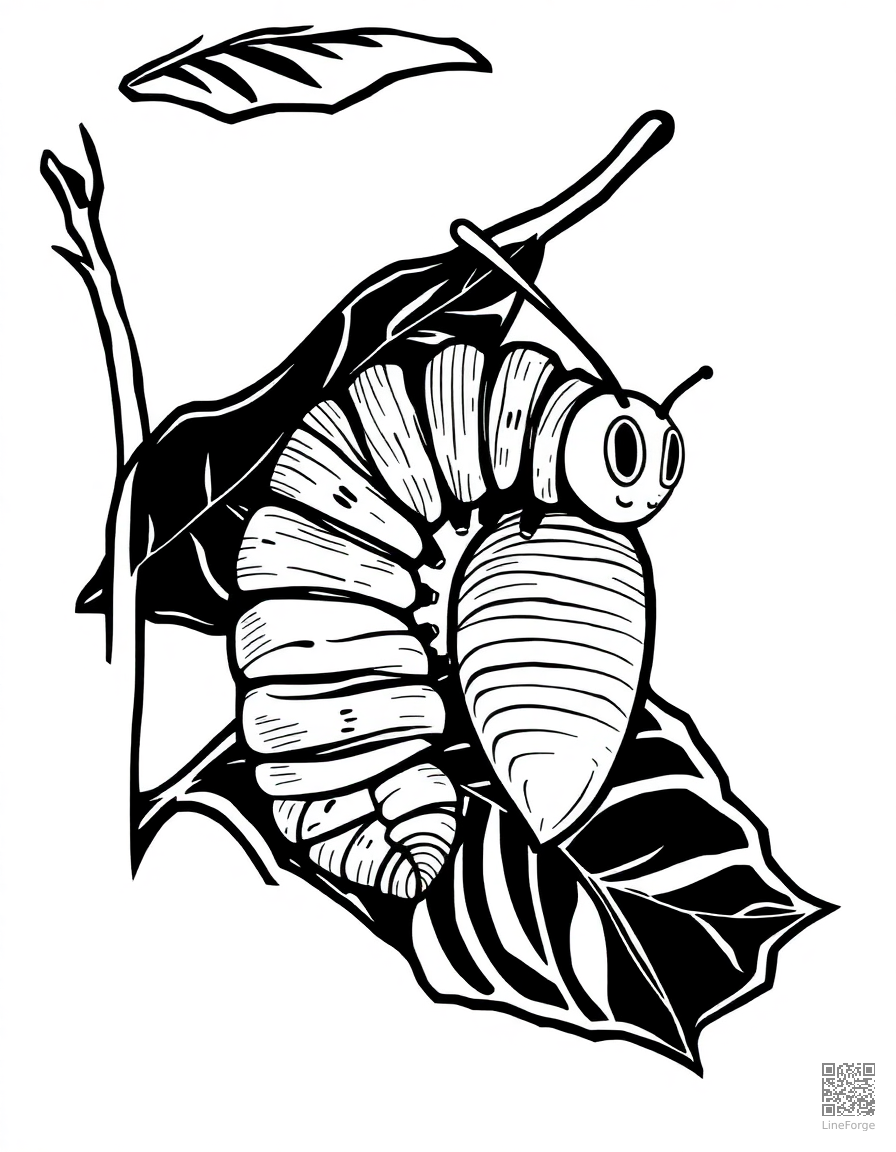 caterpillar on a leaf becoming a chrysalis coloring page Woodcut style - free printable