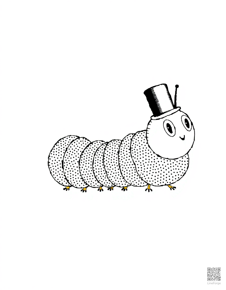 caterpillar with a tiny top hat coloring page Stipple style - free printable