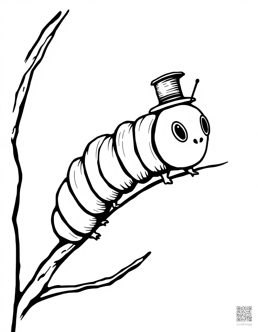 caterpillar with a tiny top hat coloring page Woodcut style - free printable