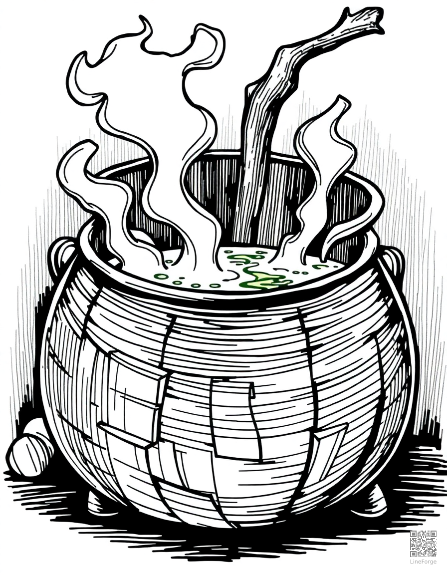cauldron bubbling with green potion coloring page Crosshatch style - free printable