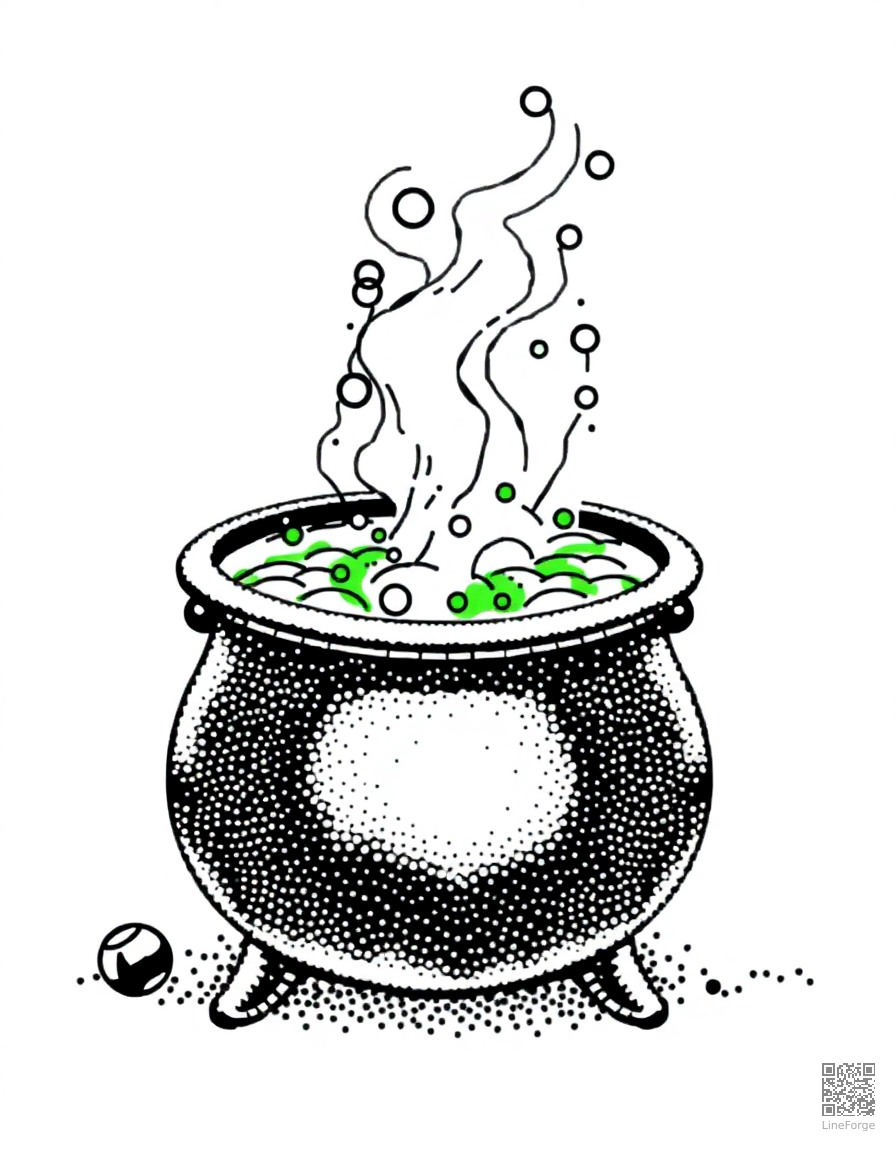 cauldron bubbling with green potion coloring page Stipple style - free printable