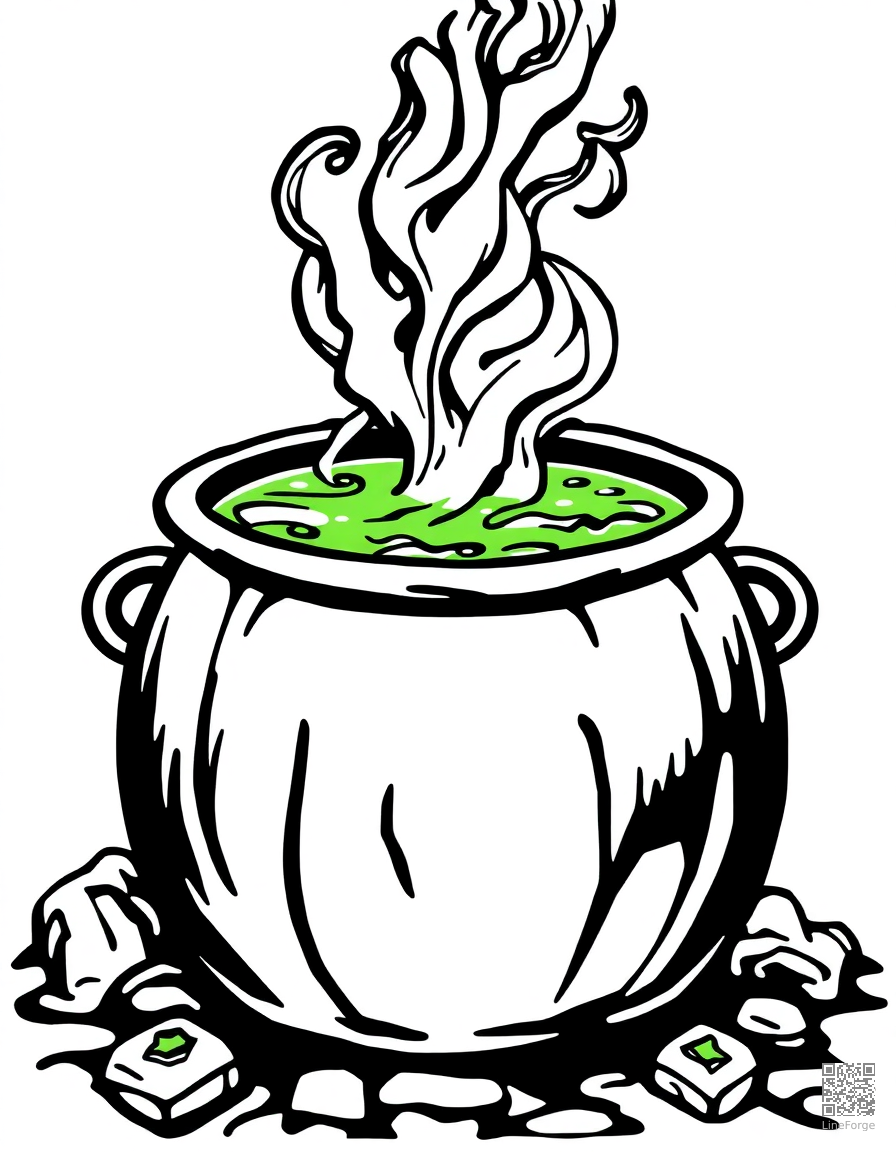 cauldron bubbling with green potion coloring page Woodcut style - free printable