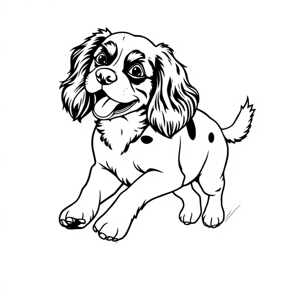 Cavalier King Charles Spaniel dog — playing and running, energetic and joyful coloring page Contour style - free printable