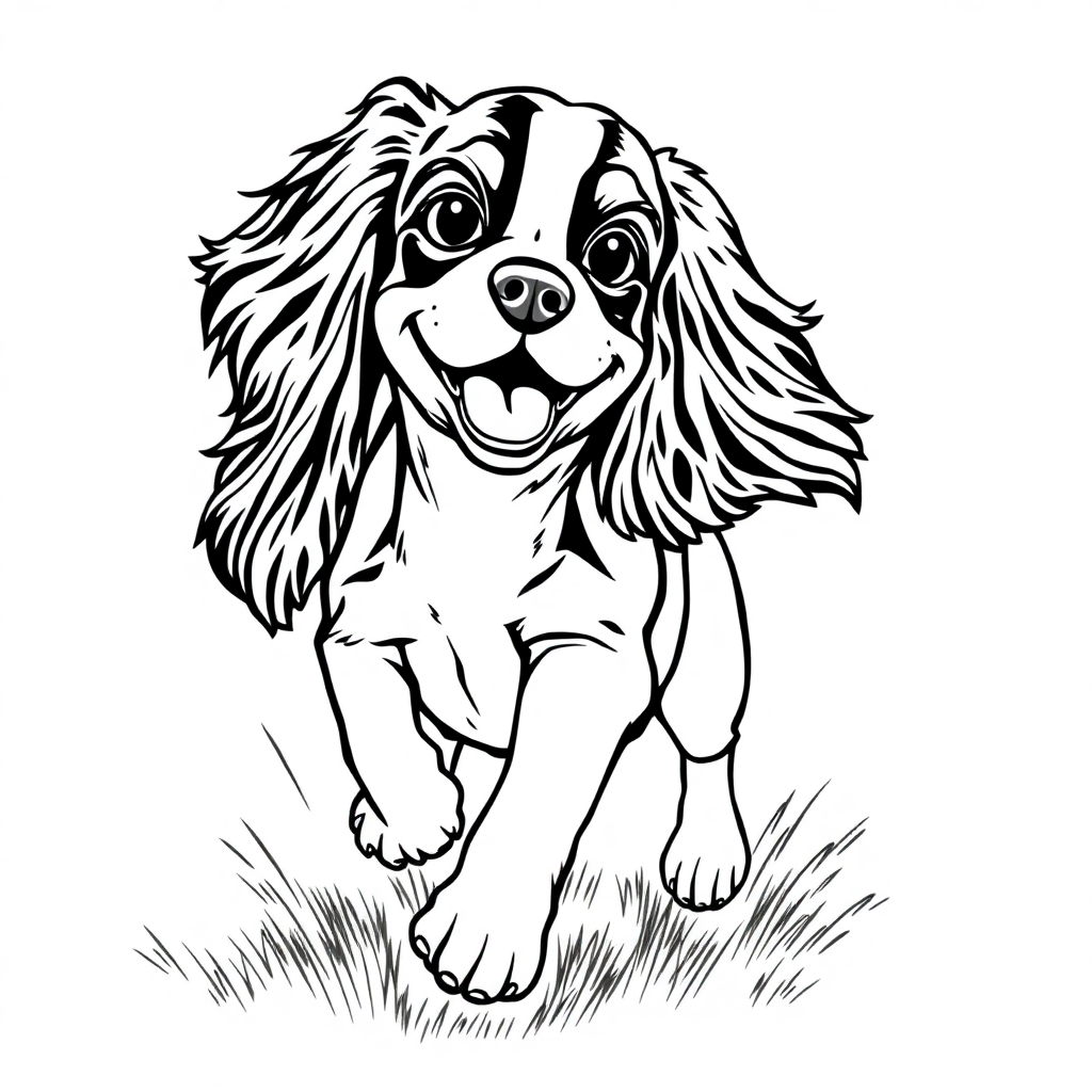 Cavalier King Charles Spaniel dog — playing and running, energetic and joyful coloring page Manga style - free printable